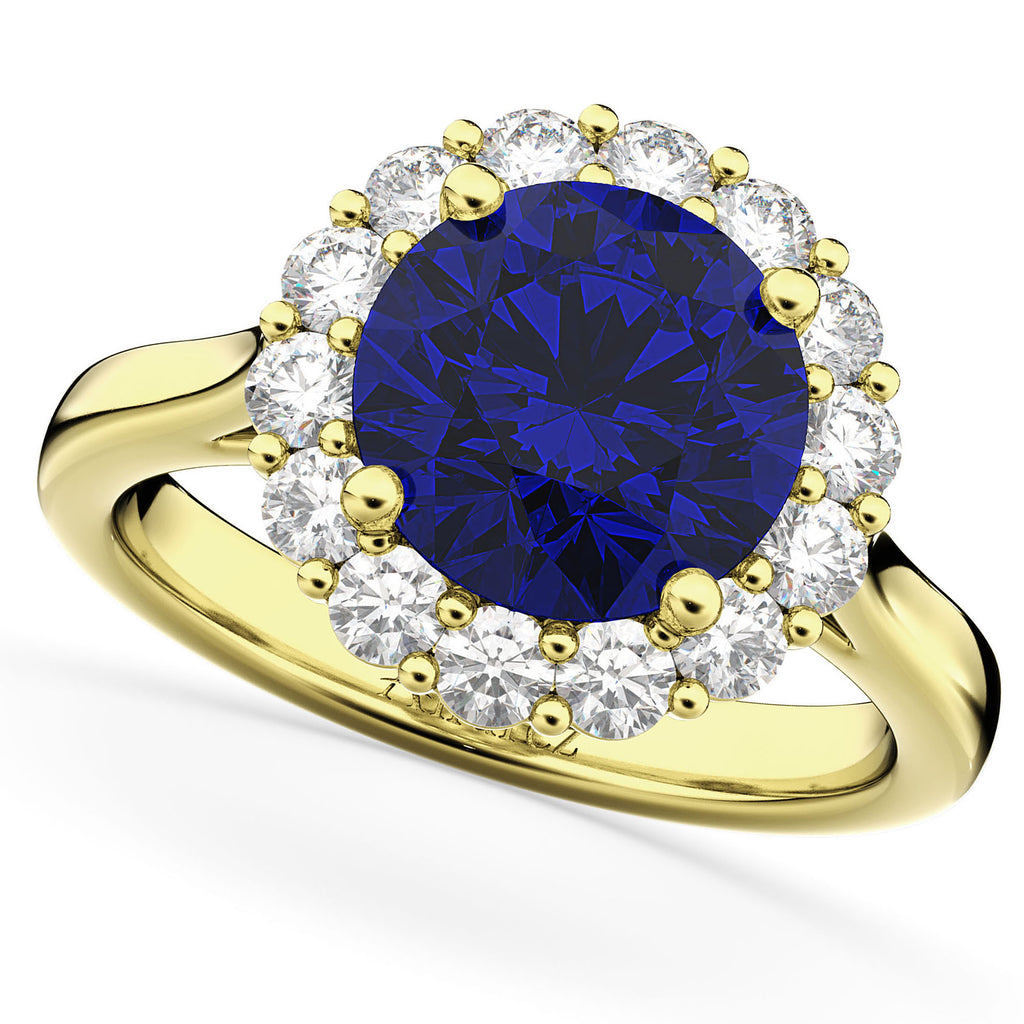 Halo Round Lab Blue Sapphire & Lab Diamond Engagement Ring 14K Yellow Gold 4.45ct