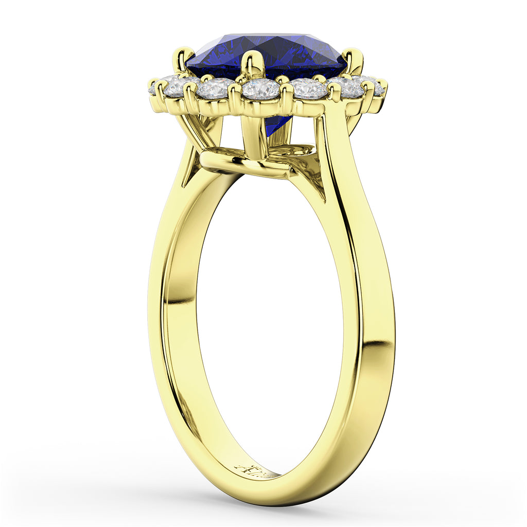 Halo Round Lab Blue Sapphire & Lab Diamond Engagement Ring 14K Yellow Gold 4.45ct