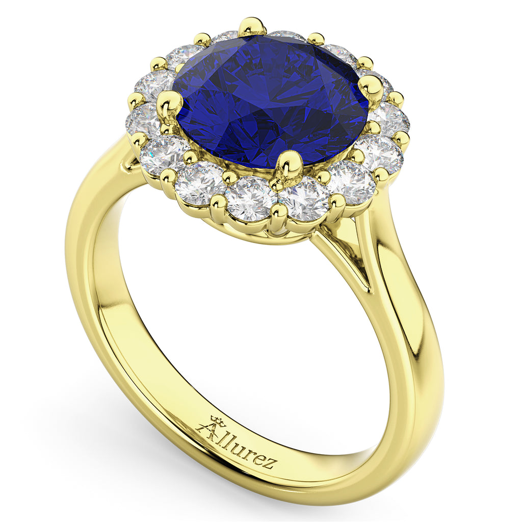 Halo Round Lab Blue Sapphire & Lab Diamond Engagement Ring 14K Yellow Gold 4.45ct