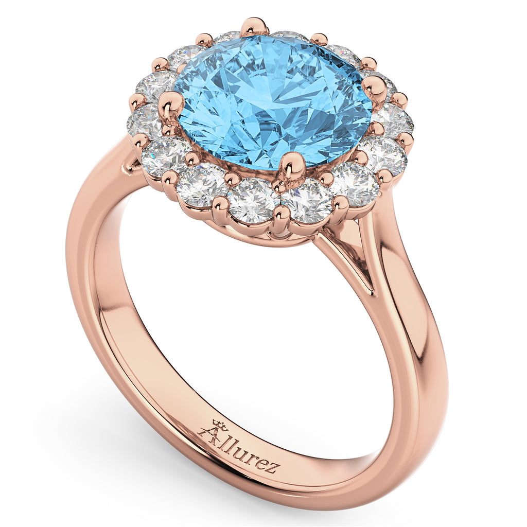 Halo Round Lab Blue Topaz & Lab Diamond Engagement Ring 14K Rose Gold 4.45ct