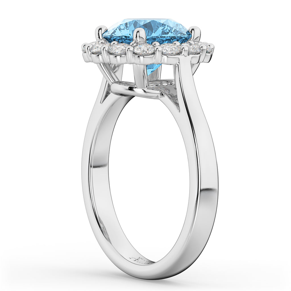 Halo Round Lab Blue Topaz & Lab Diamond Engagement Ring 14K White Gold 4.45ct