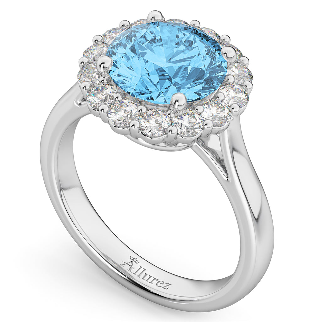 Halo Round Lab Blue Topaz & Lab Diamond Engagement Ring 14K White Gold 4.45ct