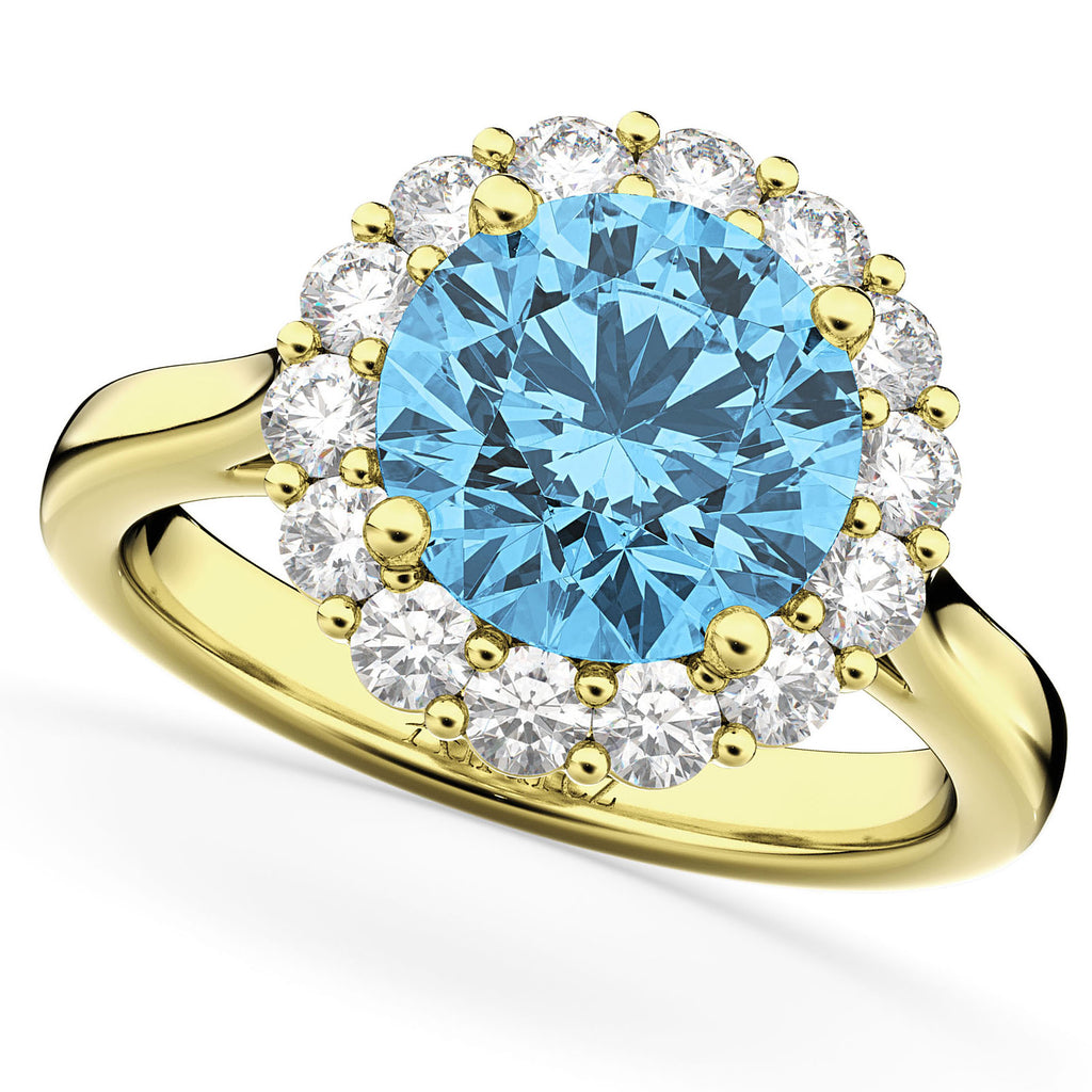 Halo Round Lab Blue Topaz & Lab Diamond Engagement Ring 14K Yellow Gold 4.45ct