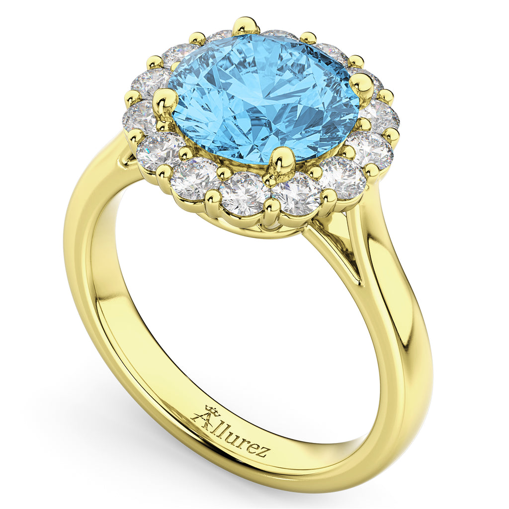 Halo Round Lab Blue Topaz & Lab Diamond Engagement Ring 14K Yellow Gold 4.45ct