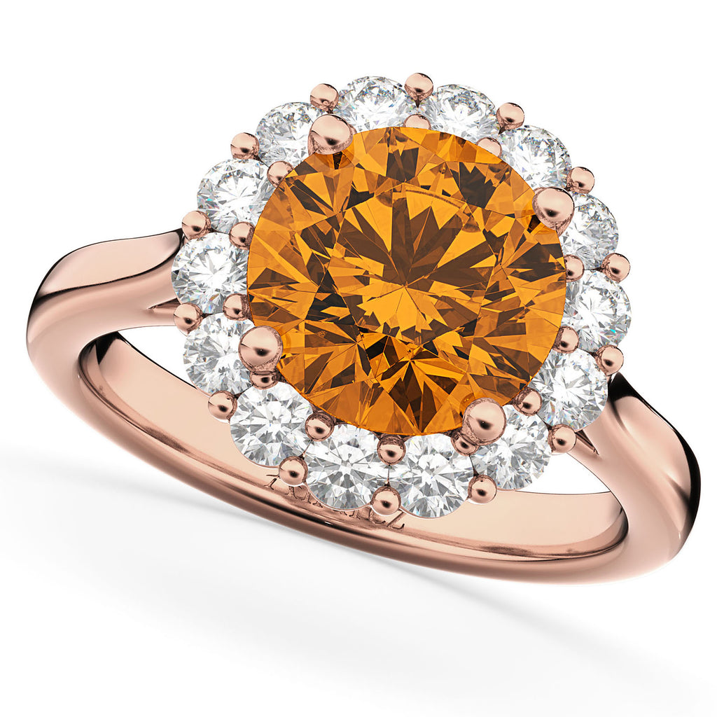 Halo Round Citrine & Diamond Engagement Ring 14K Rose Gold 3.70ct
