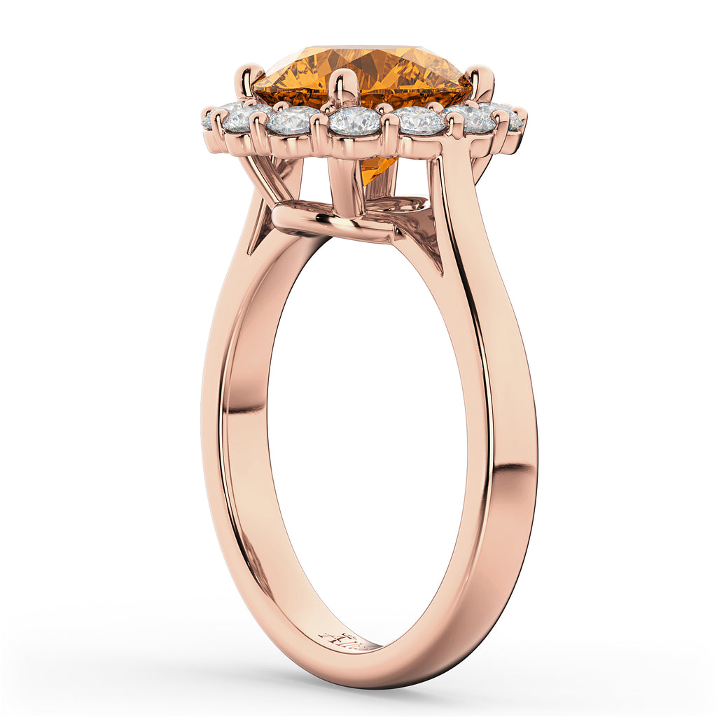 Halo Round Citrine & Diamond Engagement Ring 14K Rose Gold 3.70ct