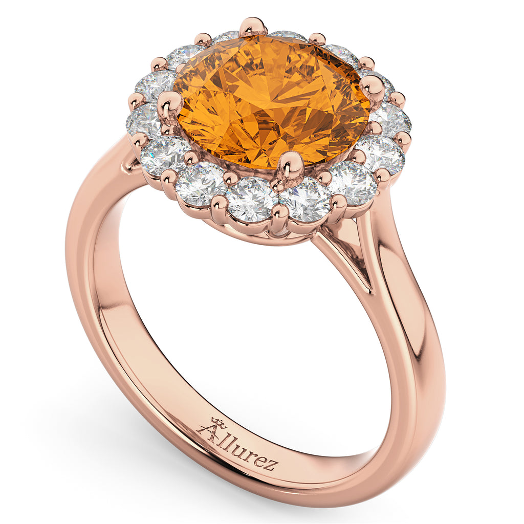 Halo Round Citrine & Diamond Engagement Ring 14K Rose Gold 3.70ct
