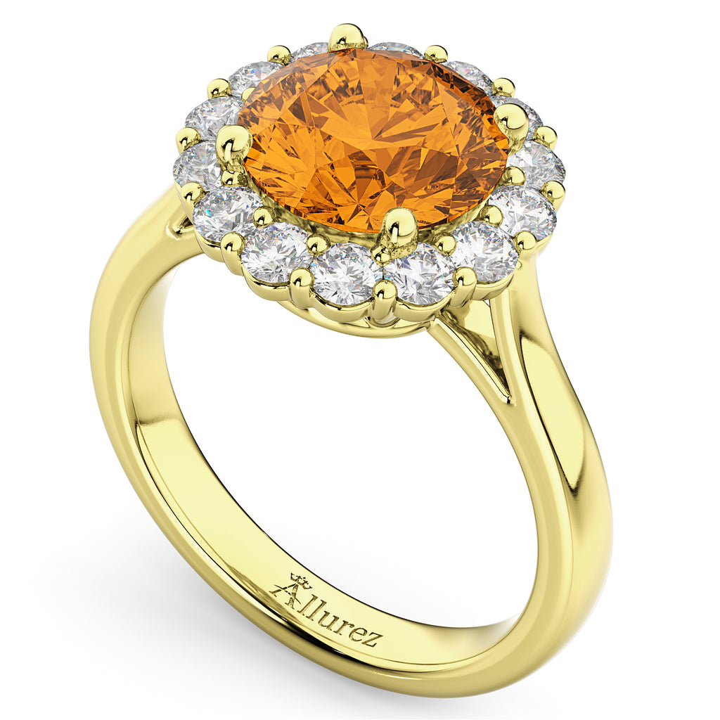Halo Round Citrine & Diamond Engagement Ring 14K Yellow Gold 3.70ct