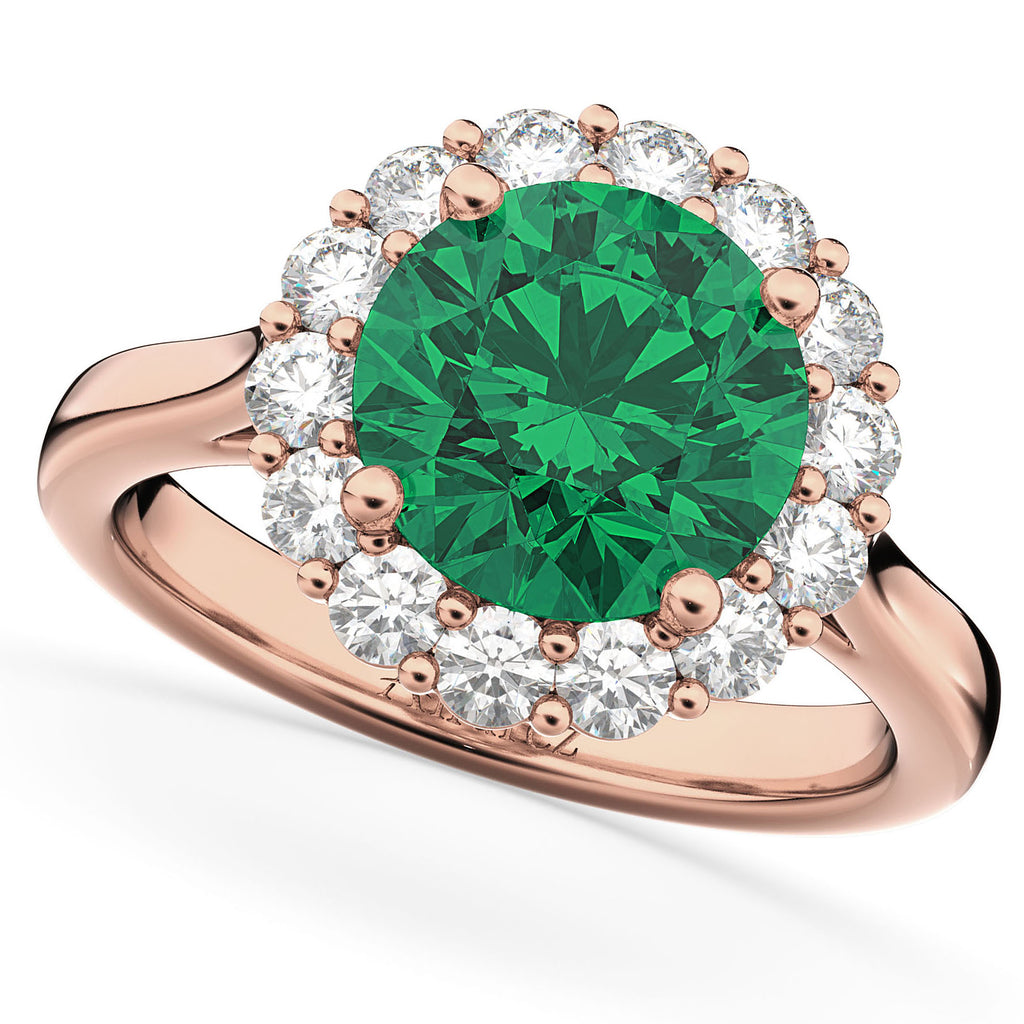 Halo Round Lab Emerald & Lab Diamond Engagement Ring 14K Rose Gold 4.40ct