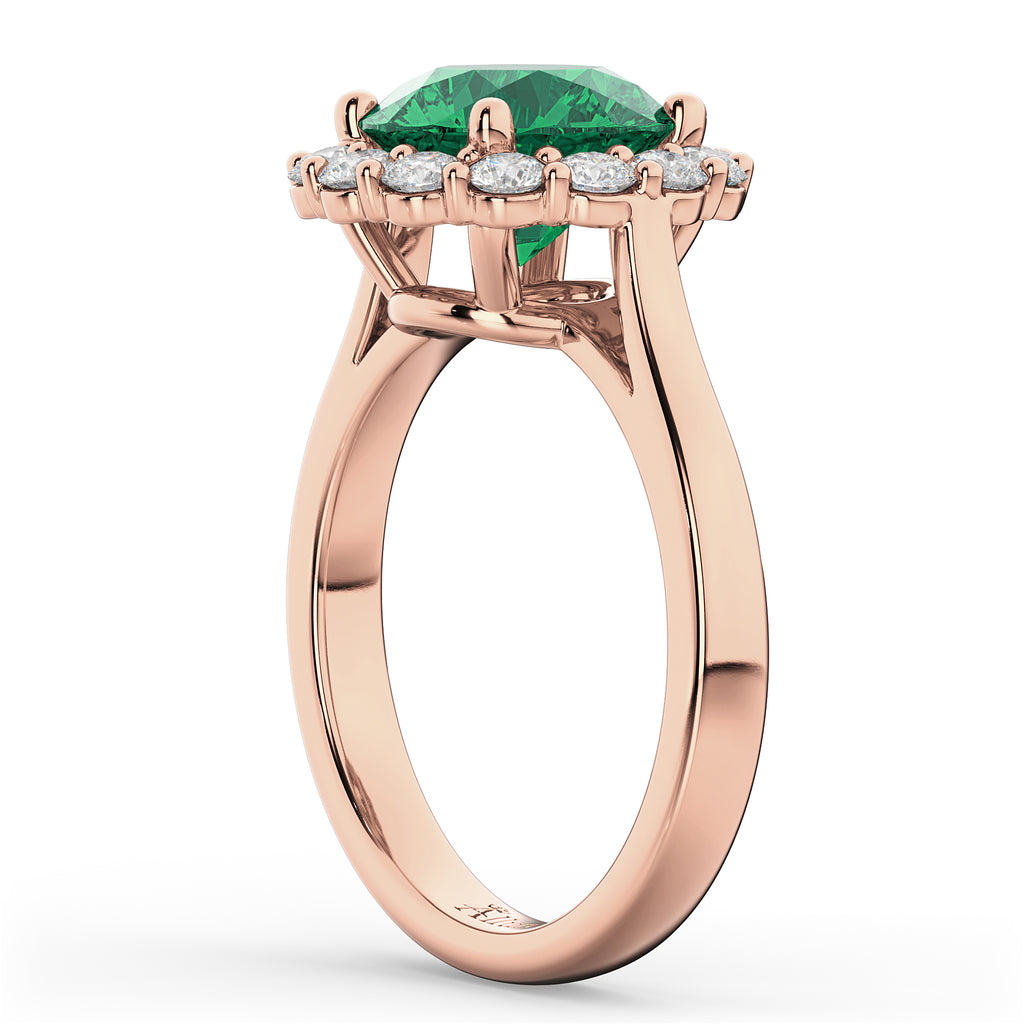 Halo Round Lab Emerald & Lab Diamond Engagement Ring 14K Rose Gold 4.40ct