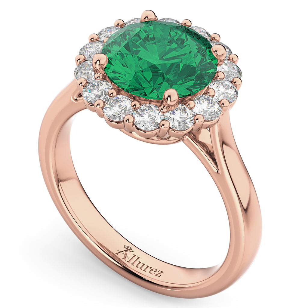 Halo Round Emerald & Diamond Engagement Ring 14K Rose Gold 4.40ct