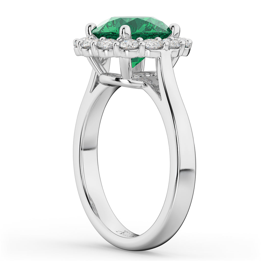 Halo Round Emerald & Diamond Engagement Ring 14K White Gold 4.40ct