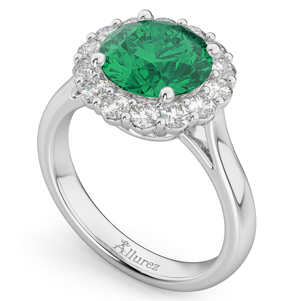 Halo Round Emerald & Diamond Engagement Ring 14K White Gold 4.40ct