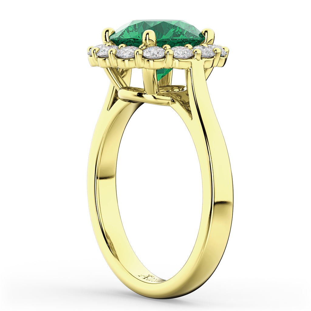 Halo Round Lab Emerald & Lab Diamond Engagement Ring 14K Yellow Gold 4.40ct