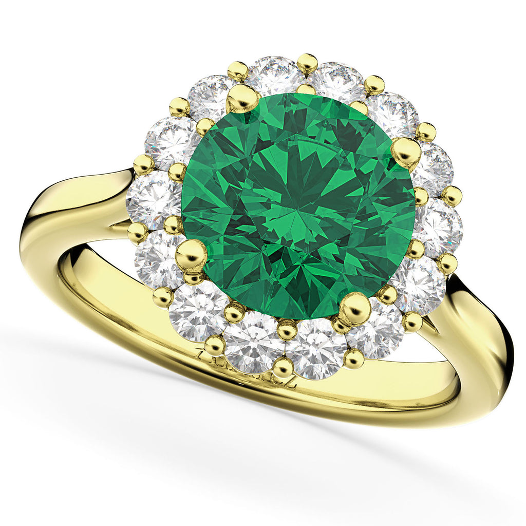 Halo Round Emerald & Diamond Engagement Ring 14K Yellow Gold 4.40ct