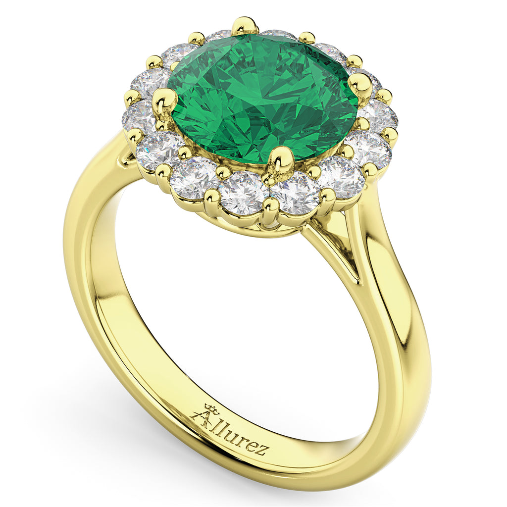 Halo Round Emerald & Diamond Engagement Ring 14K Yellow Gold 4.40ct
