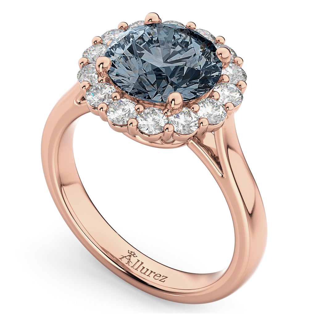 Halo Round Lab Gray Spinel & Lab Diamond Engagement Ring 14K Rose Gold 3.70ct