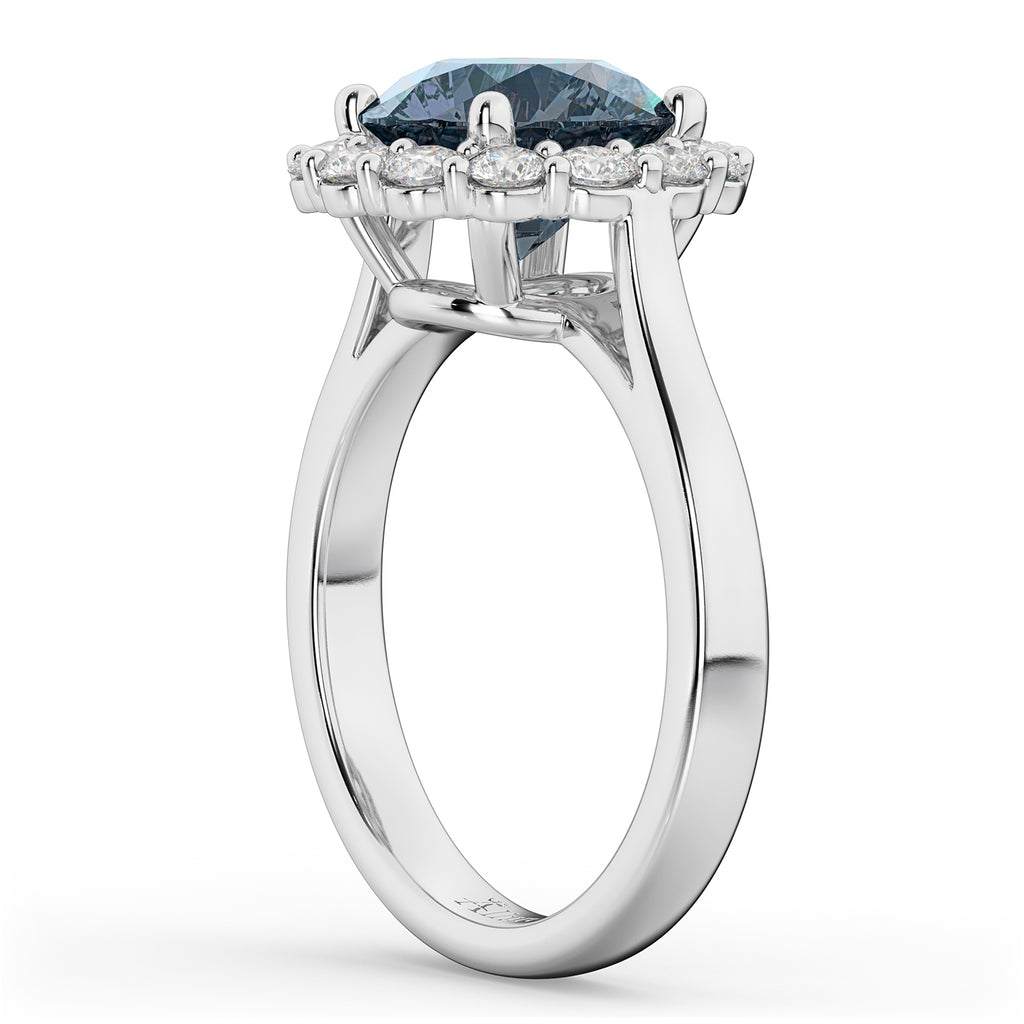 Halo Round Lab Gray Spinel & Lab Diamond Engagement Ring 14K White Gold 3.70ct