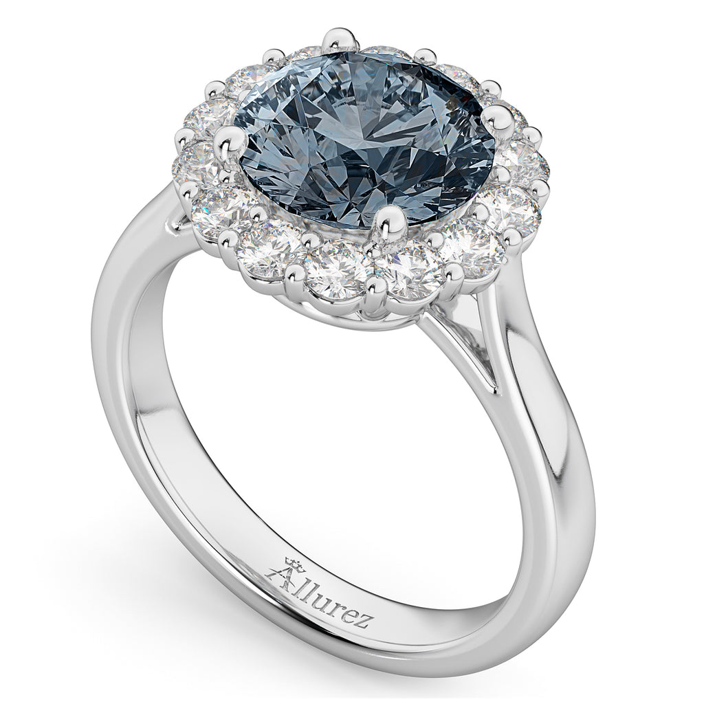 Halo Round Lab Gray Spinel & Lab Diamond Engagement Ring 14K White Gold 3.70ct
