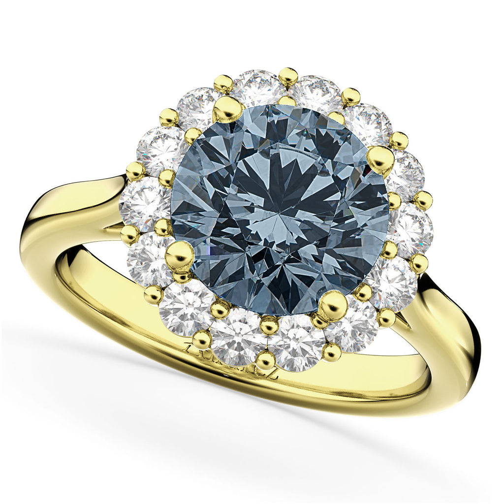 Halo Round Lab Gray Spinel & Lab Diamond Engagement Ring 14K Yellow Gold 3.70ct