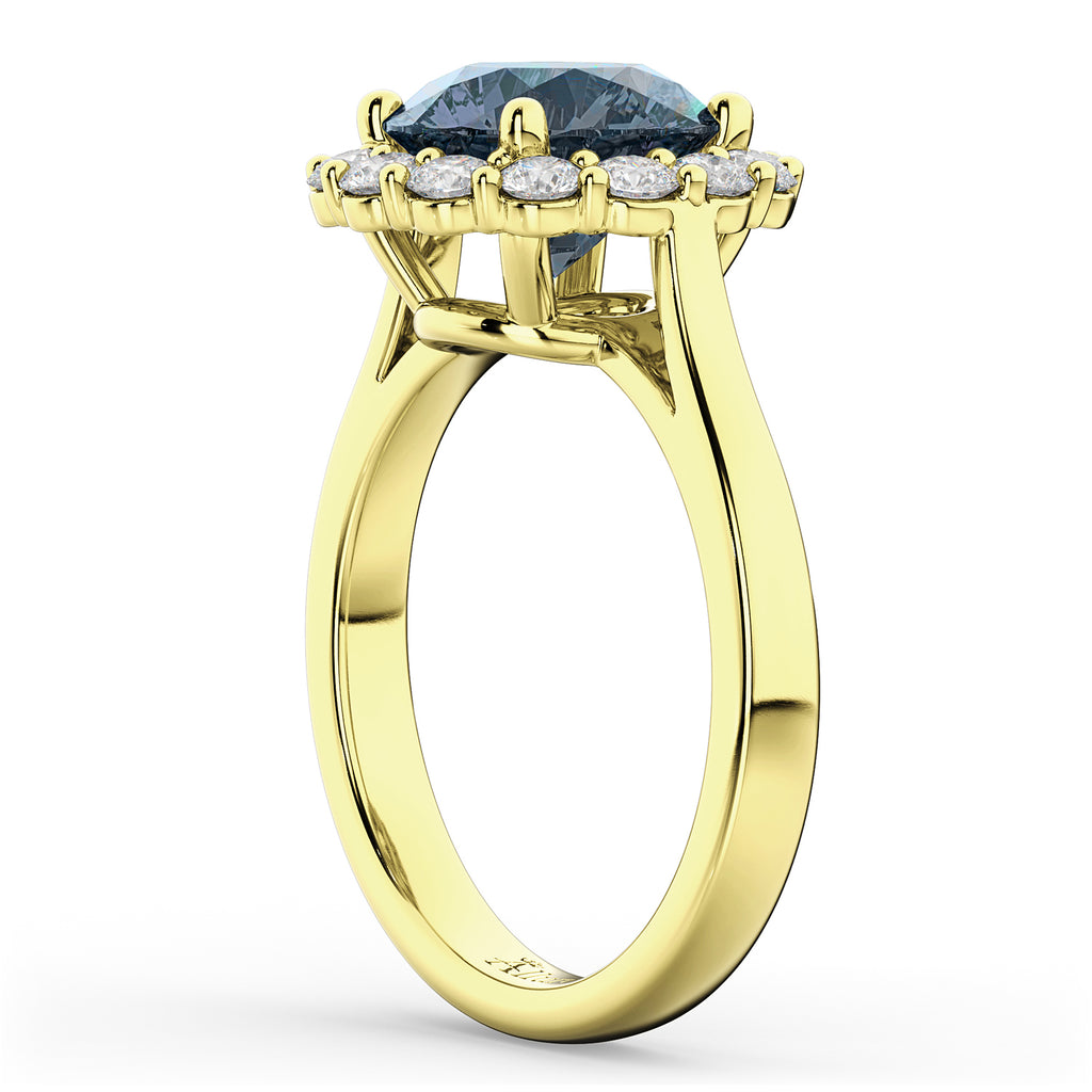 Halo Round Lab Gray Spinel & Lab Diamond Engagement Ring 14K Yellow Gold 3.70ct