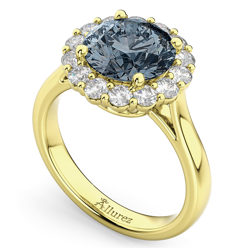 Halo Round Lab Gray Spinel & Lab Diamond Engagement Ring 14K Yellow Gold 3.70ct