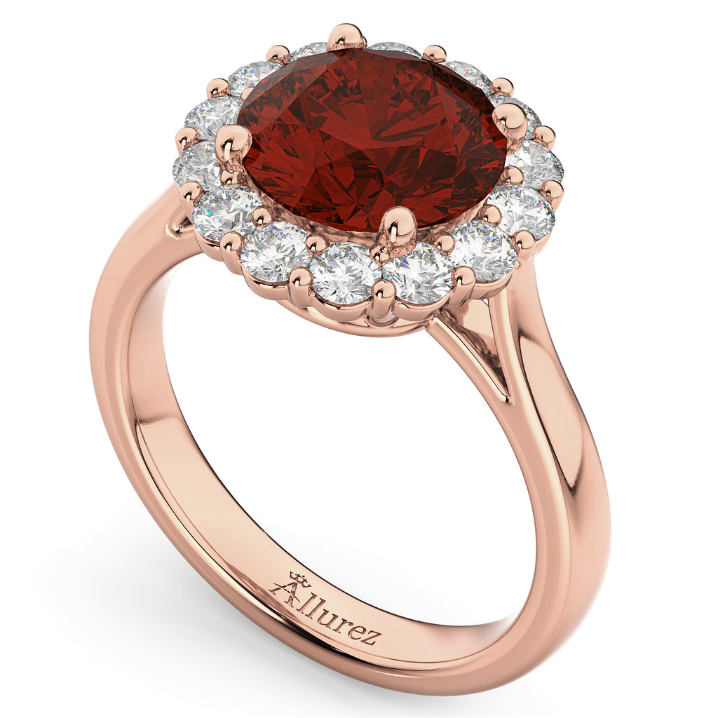 Halo Round Garnet & Diamond Engagement Ring 14K Rose Gold 4.45ct