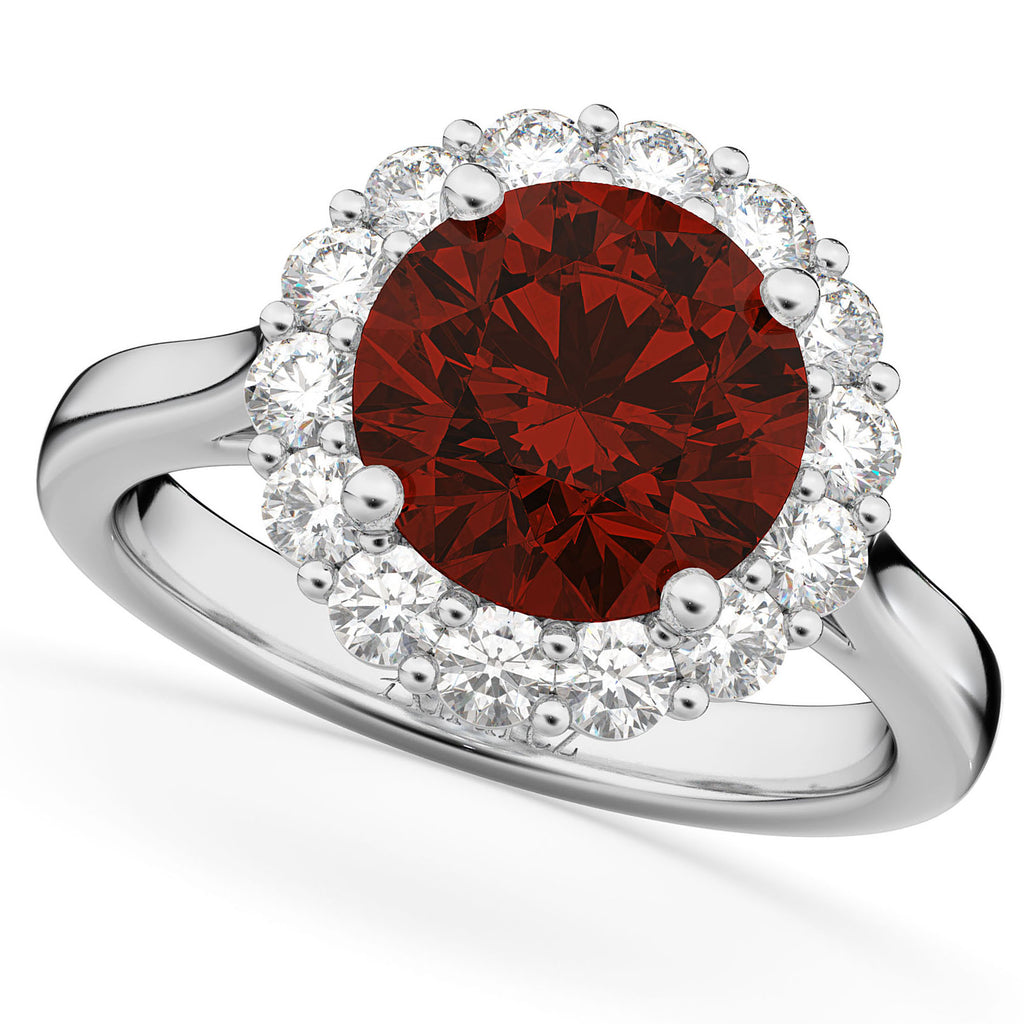 Halo Round Lab Garnet & Lab Diamond Engagement Ring 14K White Gold 4.45ct