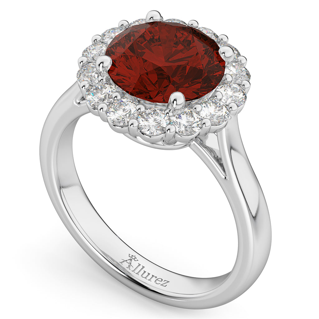 Halo Round Lab Garnet & Lab Diamond Engagement Ring 14K White Gold 4.45ct