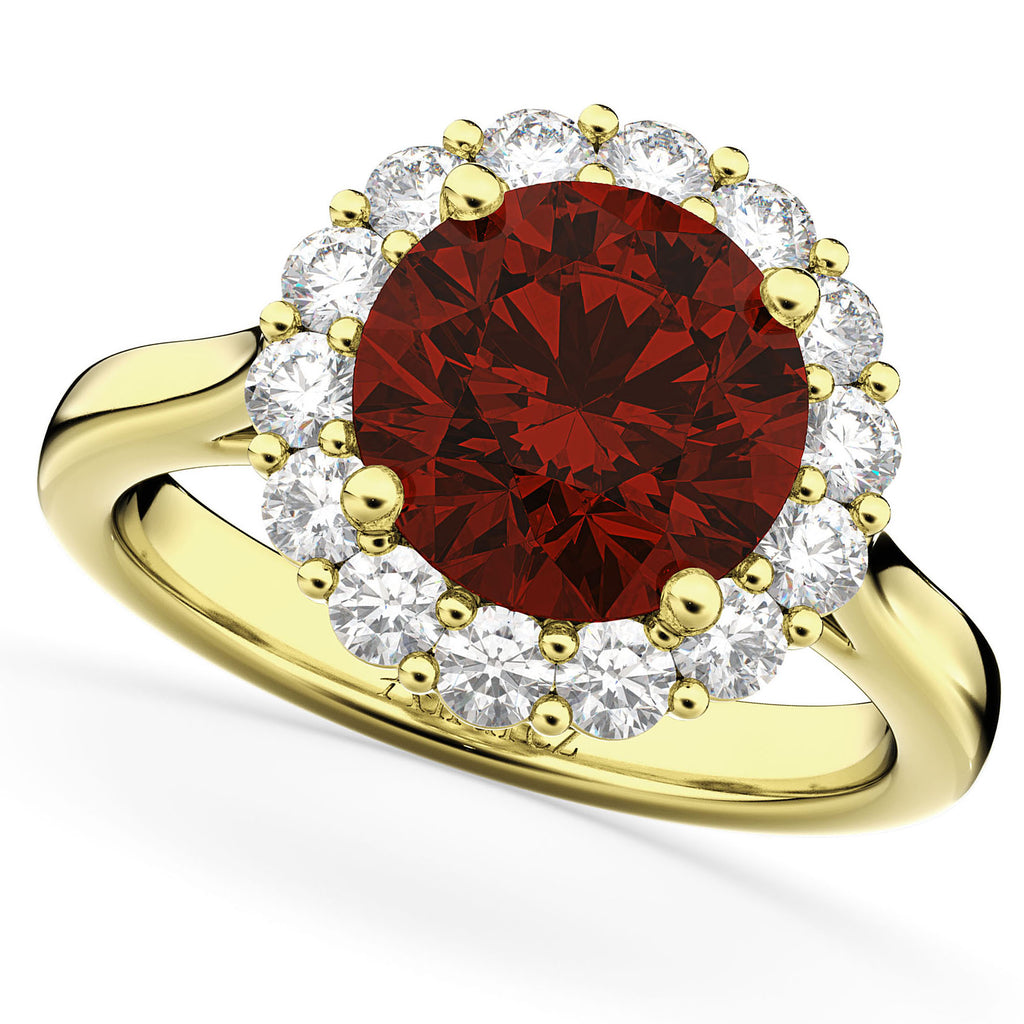 Halo Round Lab Garnet & Lab Diamond Engagement Ring 14K Yellow Gold 4.45ct