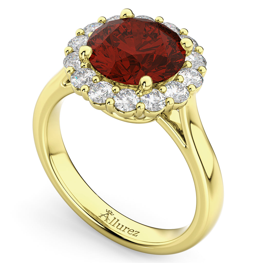 Halo Round Lab Garnet & Lab Diamond Engagement Ring 14K Yellow Gold 4.45ct