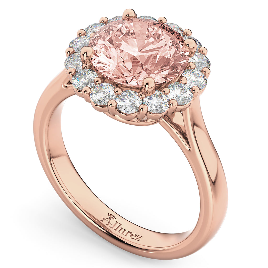 Halo Round Morganite & Diamond Engagement Ring 14K Rose Gold 3.10ct
