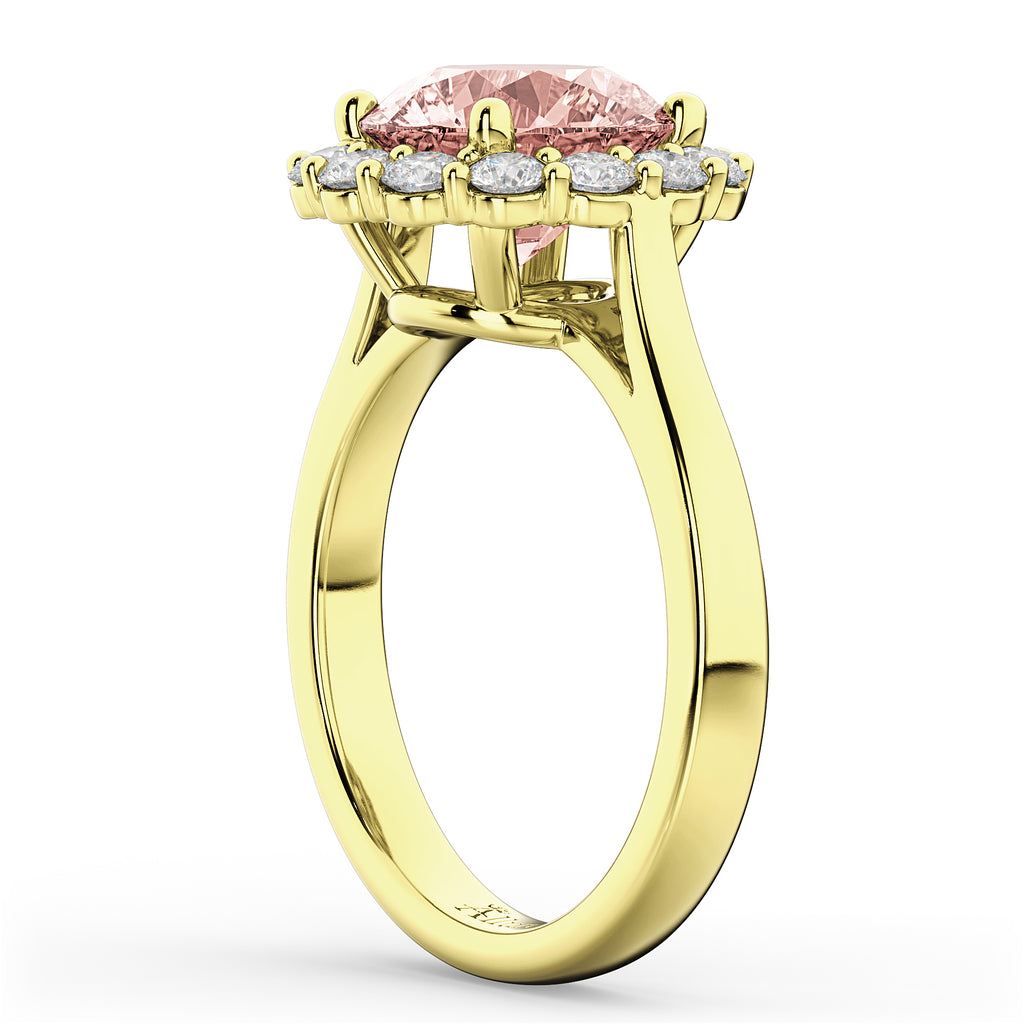 Halo Round Morganite & Diamond Engagement Ring 14K Yellow Gold 3.10ct