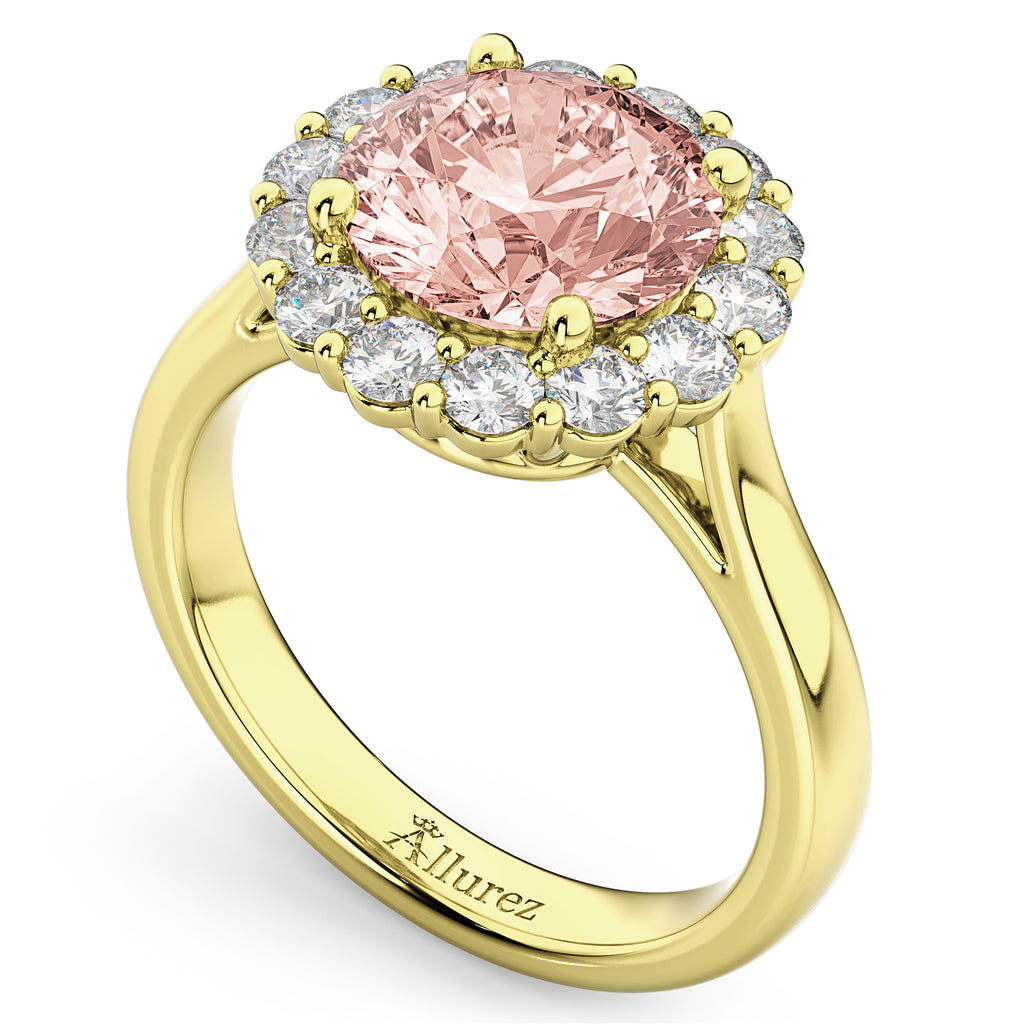 Halo Round Morganite & Diamond Engagement Ring 14K Yellow Gold 3.10ct