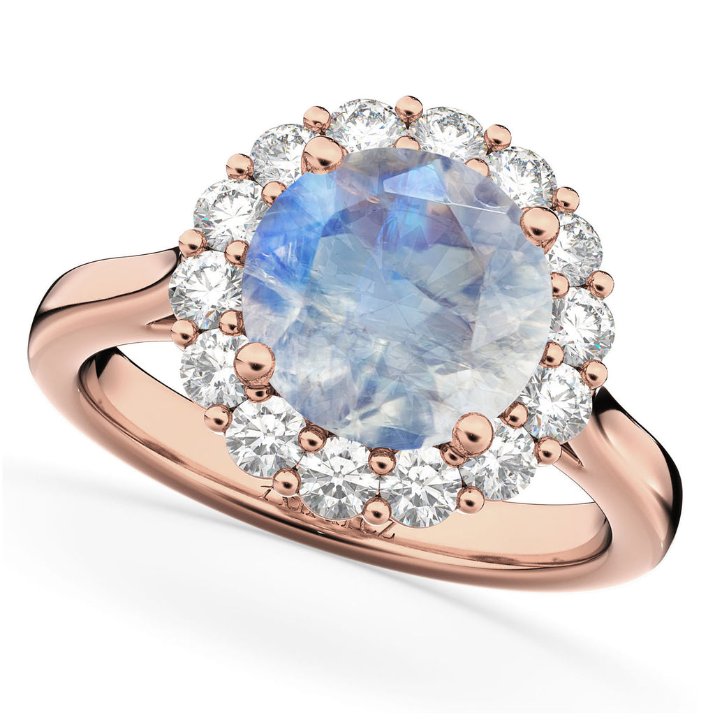 Halo Round Moonstone & Diamond Engagement Ring 14K Rose Gold 4.45ct