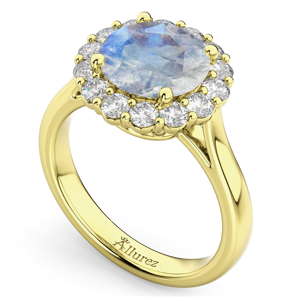 Halo Round Moonstone & Diamond Engagement Ring 14K Yellow Gold 4.45ct
