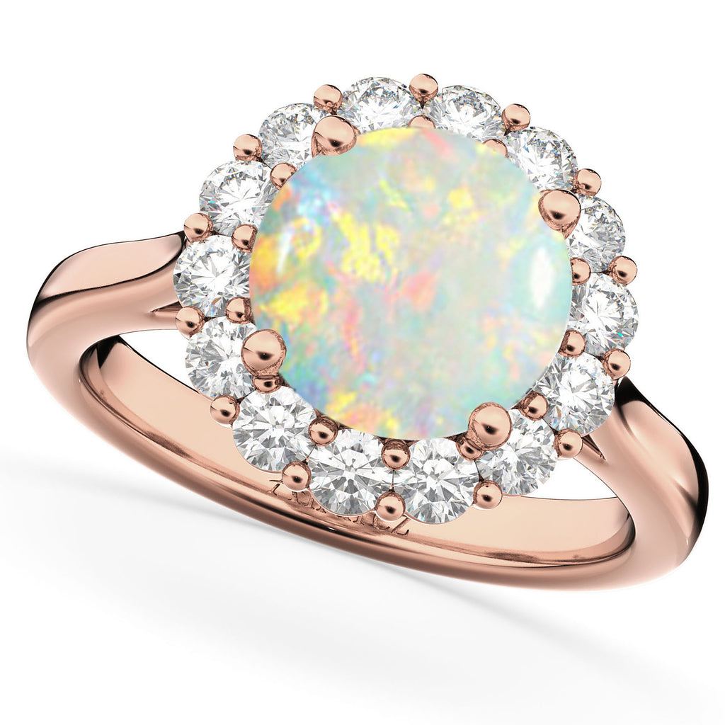 Halo Round Lab Opal & Lab Diamond Engagement Ring 14K Rose Gold 2.30ct
