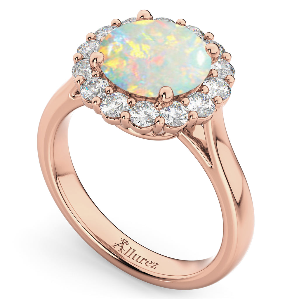 Halo Round Lab Opal & Lab Diamond Engagement Ring 14K Rose Gold 2.30ct