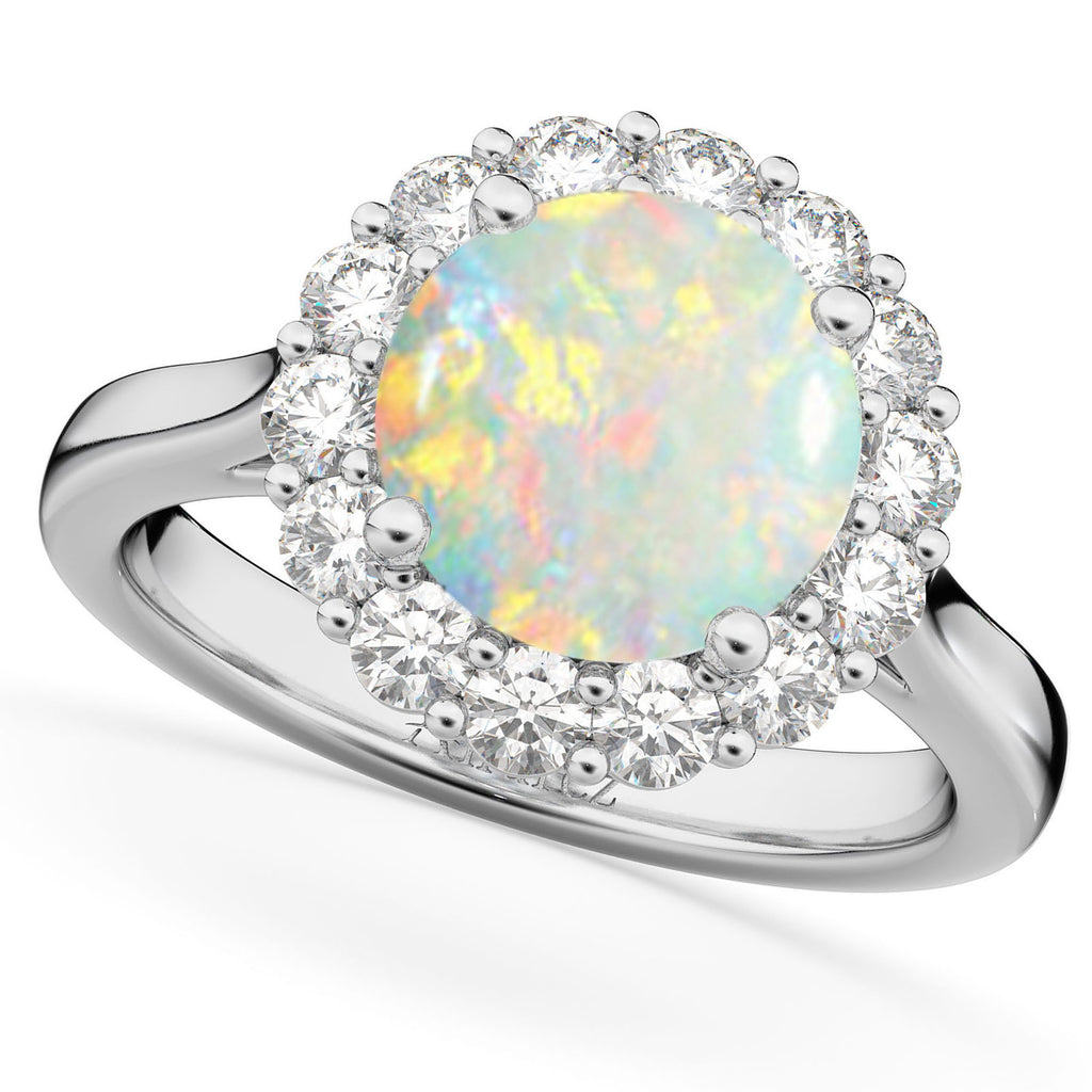 Halo Round Lab Opal & Lab Diamond Engagement Ring 14K White Gold 2.30ct