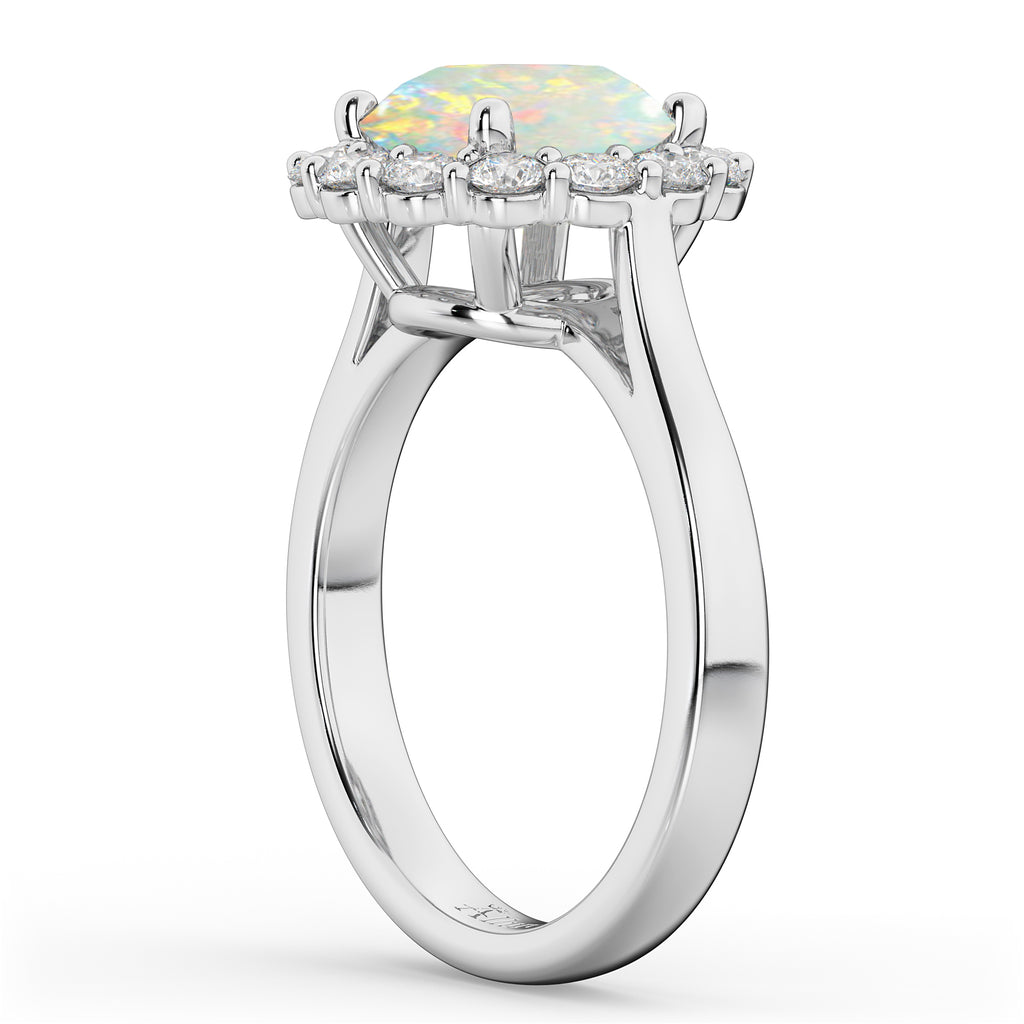 Halo Round Lab Opal & Lab Diamond Engagement Ring 14K White Gold 2.30ct