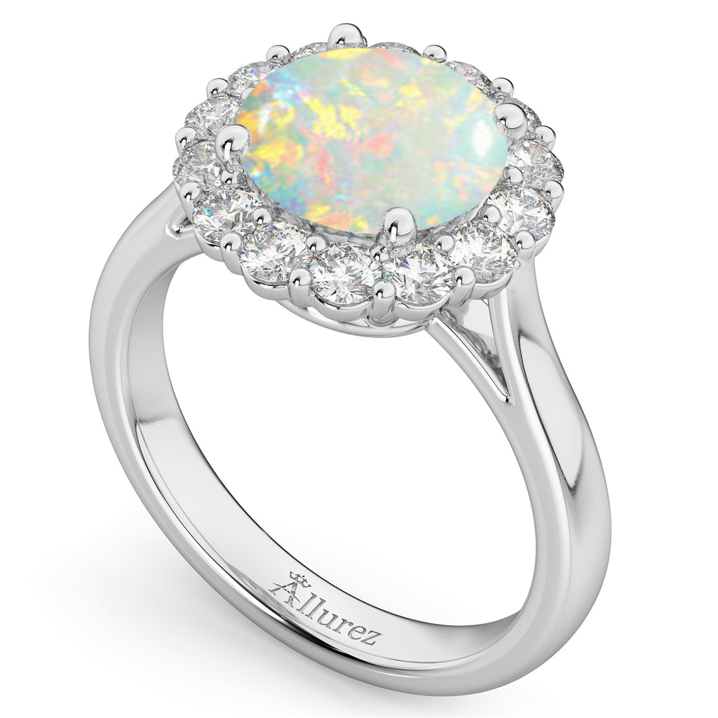 Halo Round Lab Opal & Lab Diamond Engagement Ring 14K White Gold 2.30ct