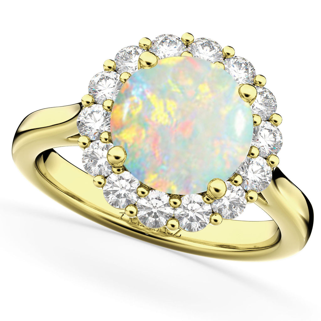 Halo Round Lab Opal & Lab Diamond Engagement Ring 14K Yellow Gold 2.30ct