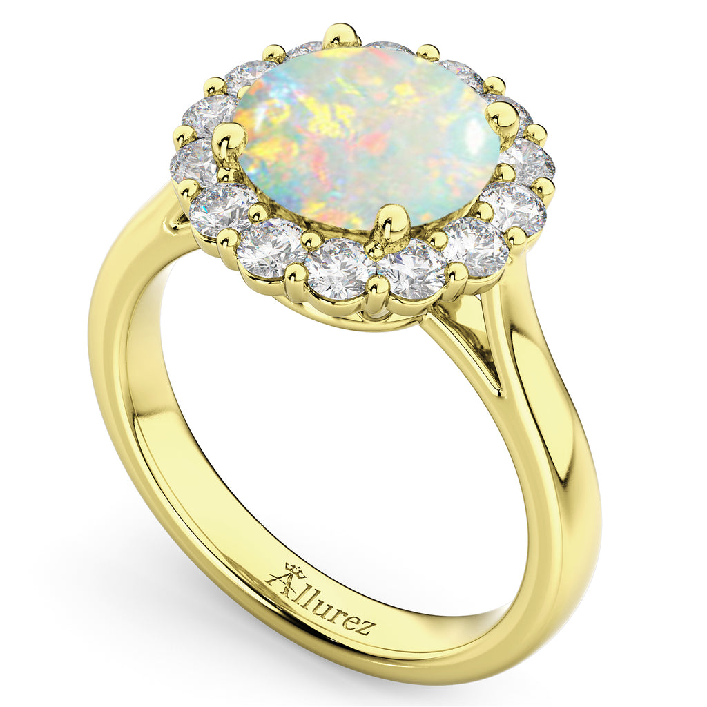 Halo Round Lab Opal & Lab Diamond Engagement Ring 14K Yellow Gold 2.30ct