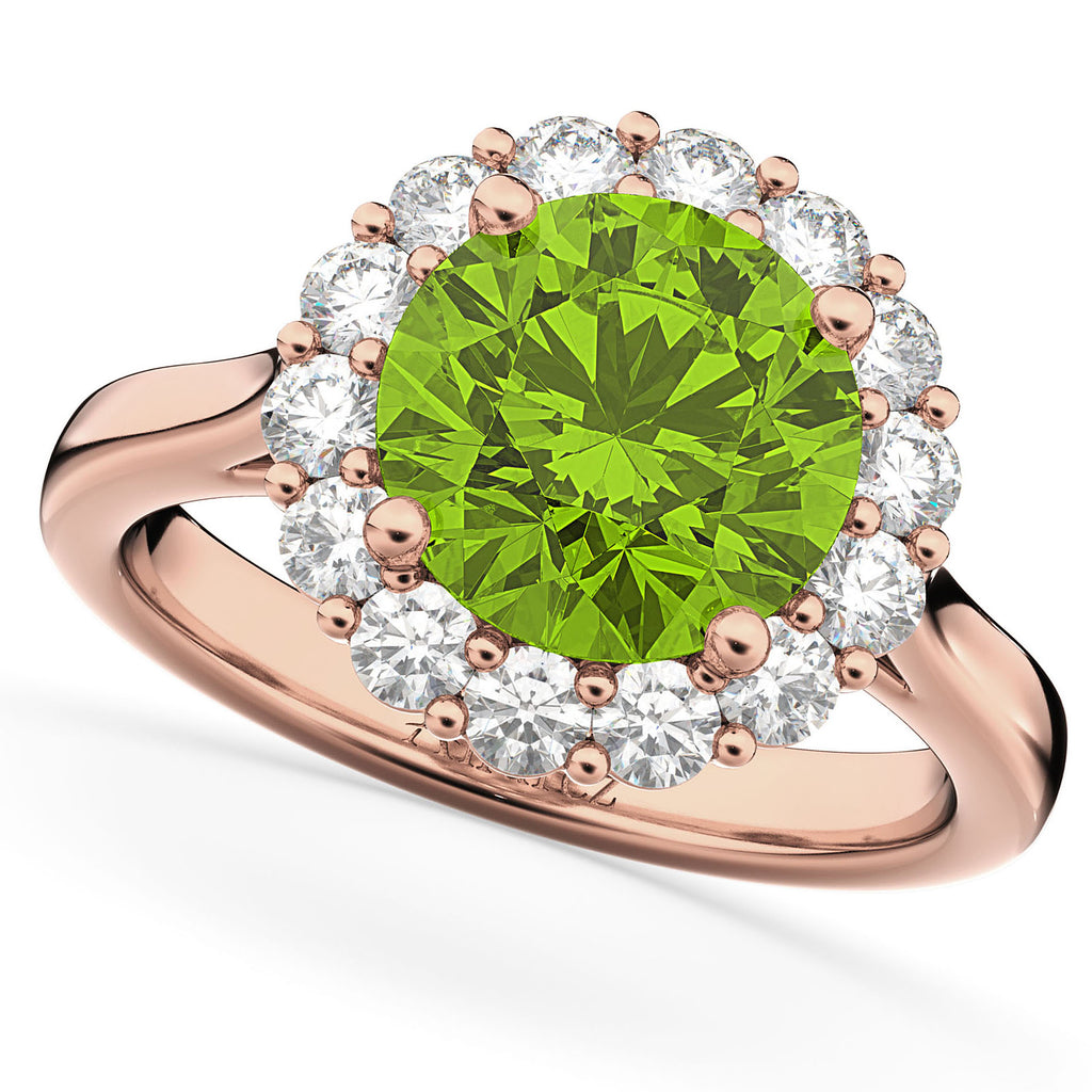 Halo Round Peridot & Diamond Engagement Ring 14K Rose Gold 4.45ct