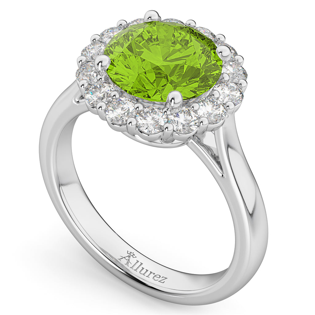 Halo Round Peridot & Diamond Engagement Ring 14K White Gold 4.45ct
