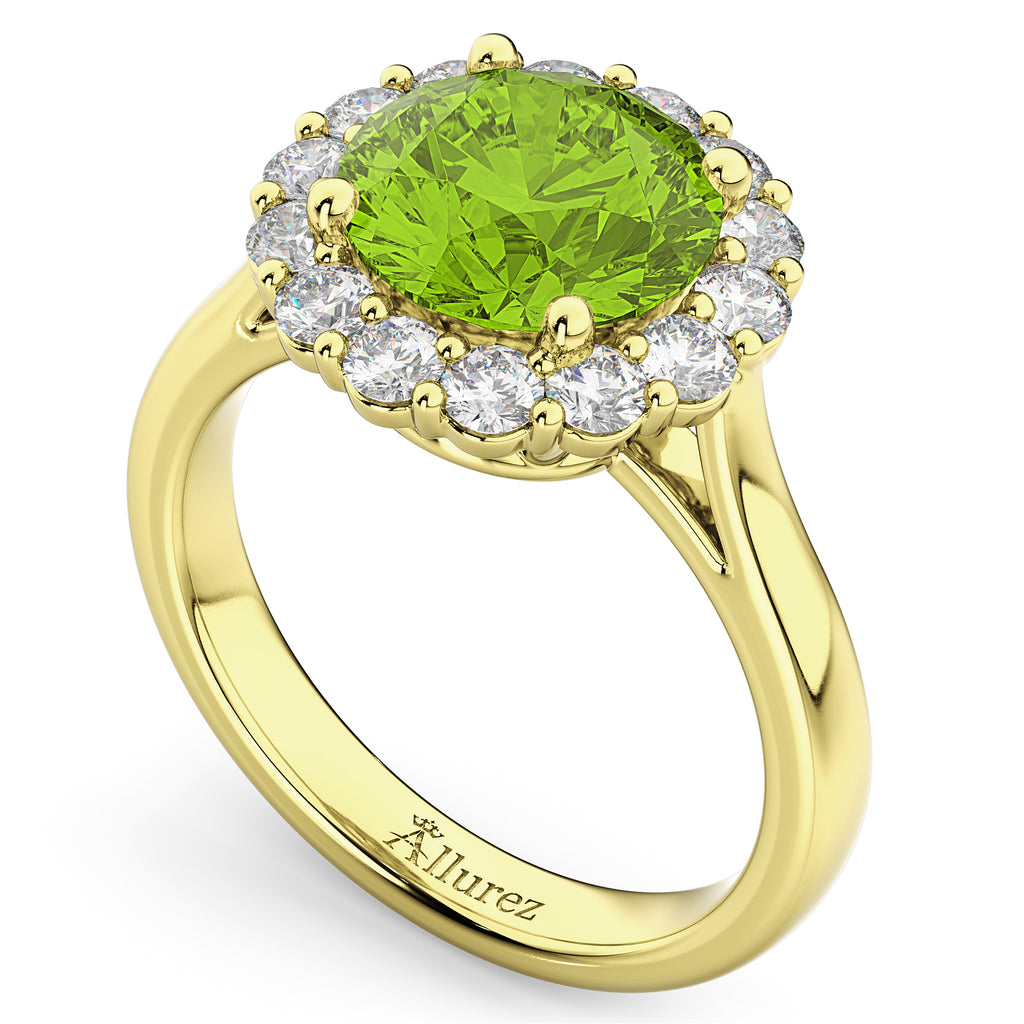 Halo Round Lab Peridot & Lab Diamond Engagement Ring 14K Yellow Gold 4.45ct