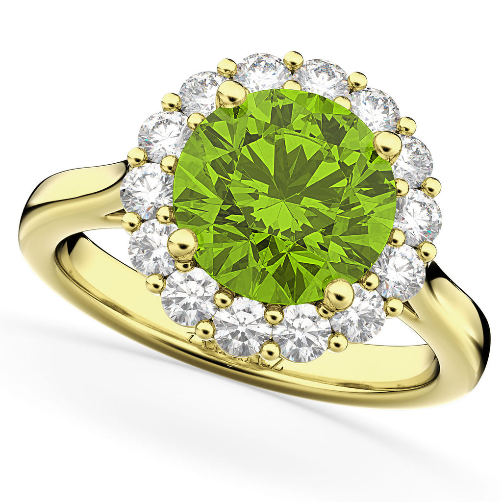 Halo Round Peridot & Diamond Engagement Ring 14K Yellow Gold 4.45ct