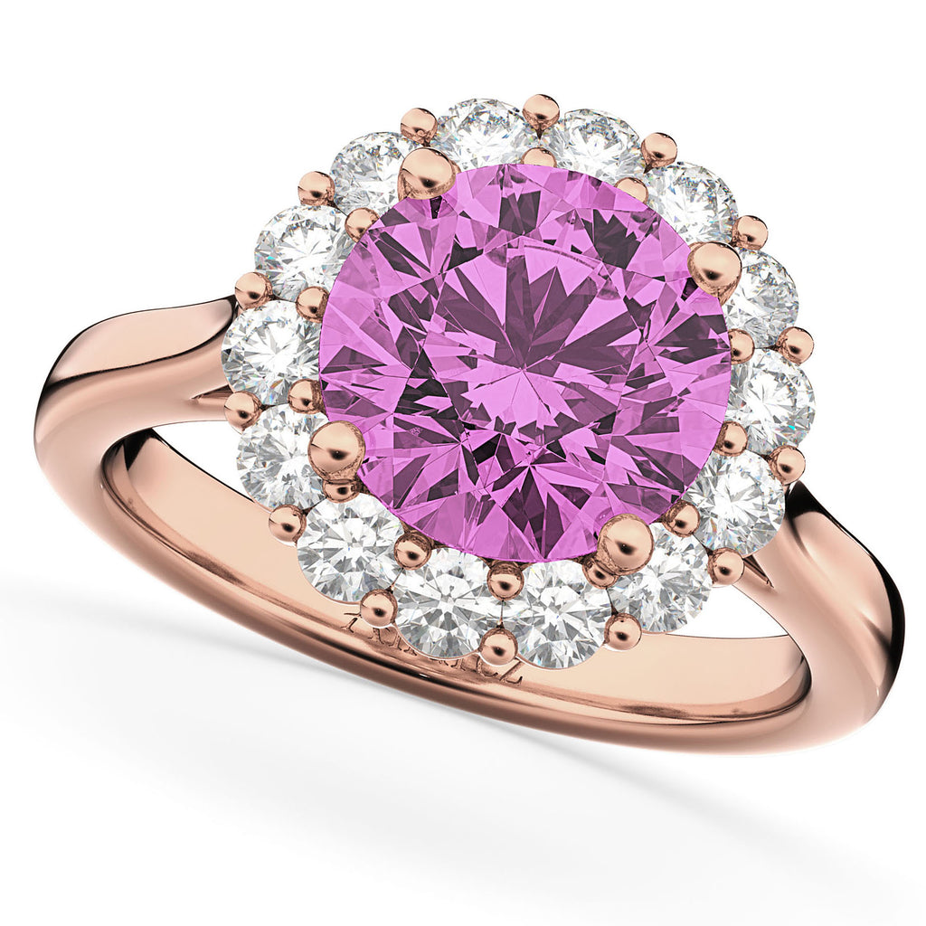 Halo Round Lab Pink Sapphire & Lab Diamond Engagement Ring 14K Rose Gold 4.45ct