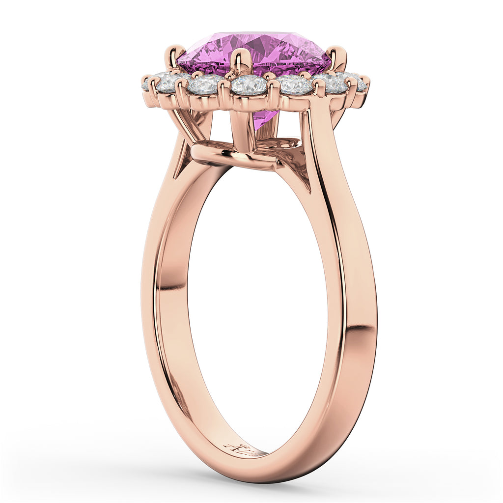 Halo Round Lab Pink Sapphire & Lab Diamond Engagement Ring 14K Rose Gold 4.45ct