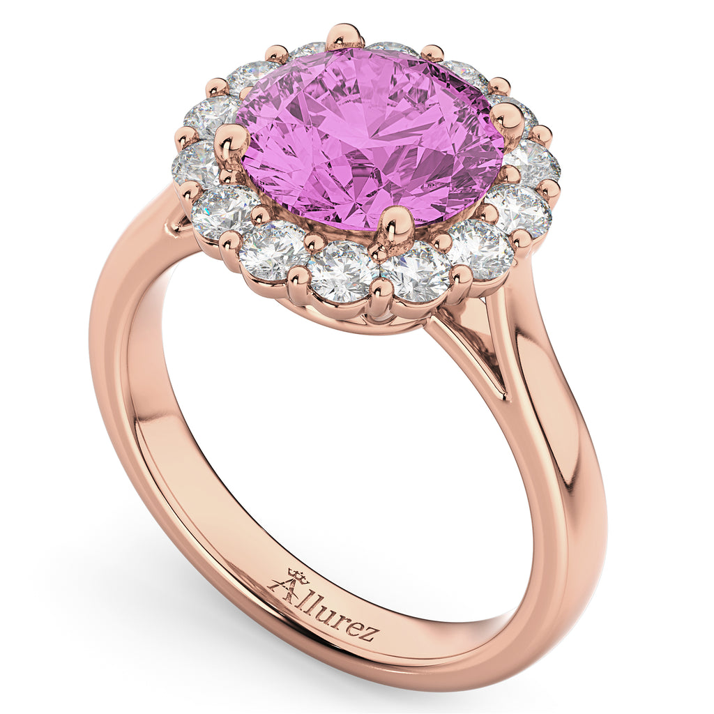 Halo Round Lab Pink Sapphire & Lab Diamond Engagement Ring 14K Rose Gold 4.45ct